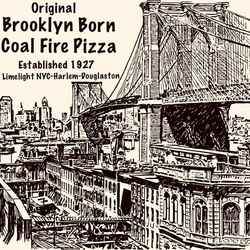A vintage-style illustration of the Brooklyn Bridge and New York City skyline with restaurant branding.
